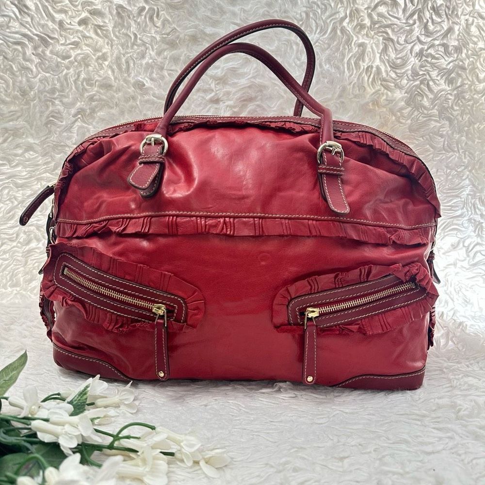 Gucci Red Leather Vintage Sabrina Top Handle Handbag Tote Ruffle Details